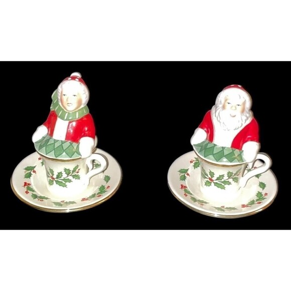 Lenox Santa Claus & Mrs Claus Salt Pepper Set Shakers Tea Cups Christmas Holly - Picture 6 of 7